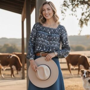 LC Lauren Conrad Gray Light Blue Floral Blouse Square Neck Long Sleeve Size S